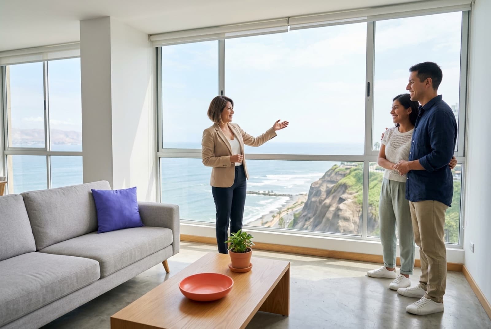 Agente inmobiliaria mostrando un departamento con vista al mar a una pareja joven