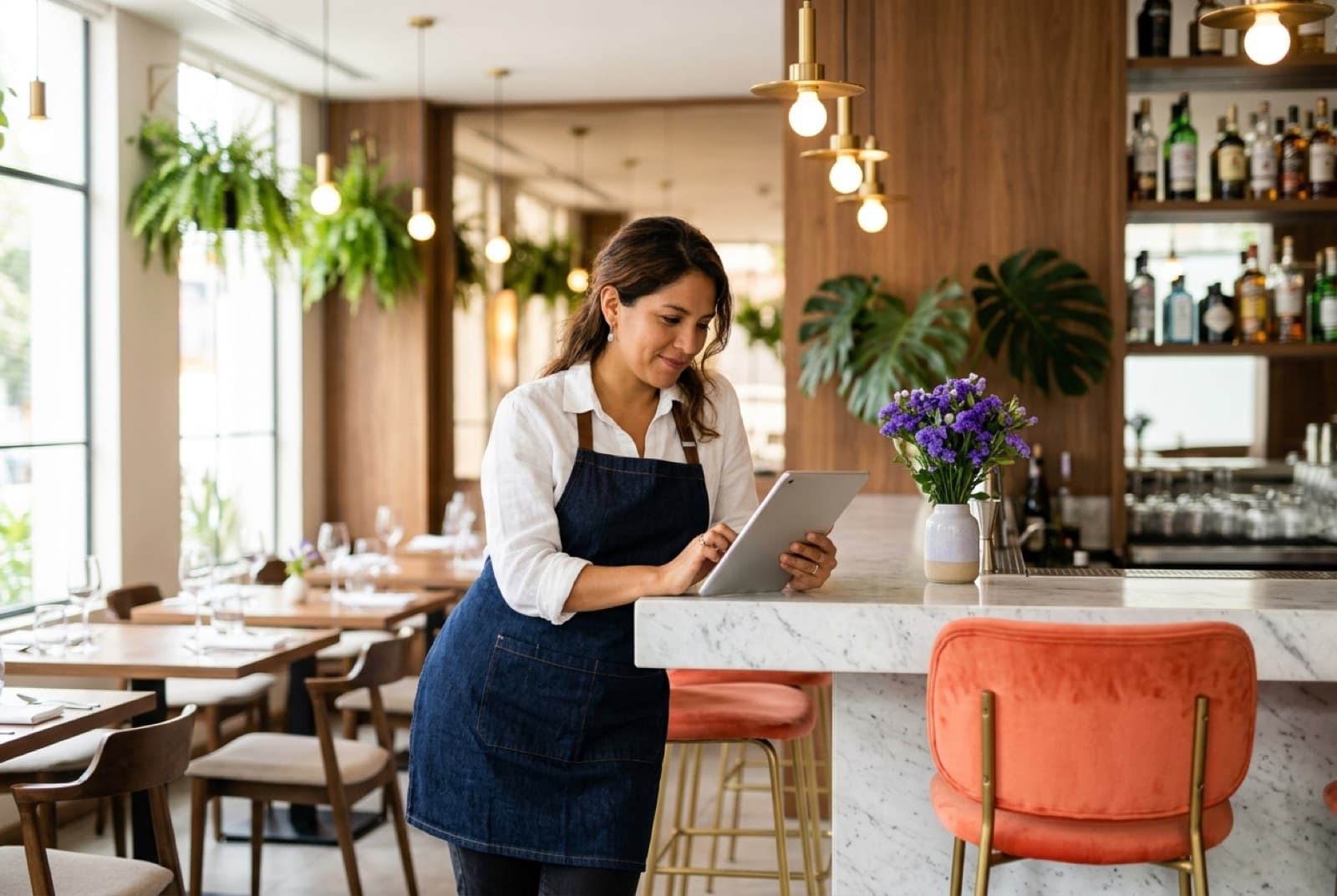 Dueña de un restaurante revisando pedidos en una tablet en la barra